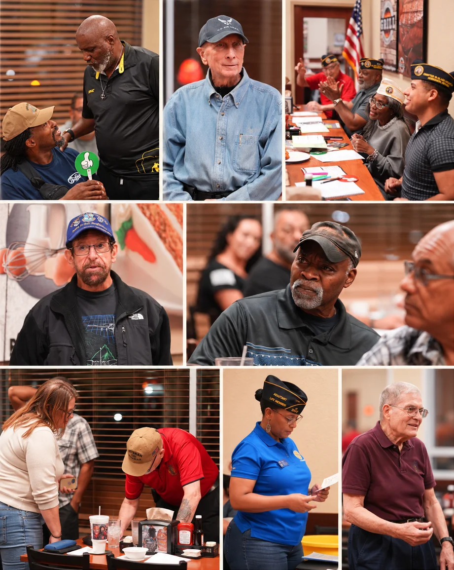 Photo collage of Chapter 12 members at a restaurant meeting: Veterans talking, members in DAV caps seated at a long table, and an officer in a blue DAV polo reading from a card.