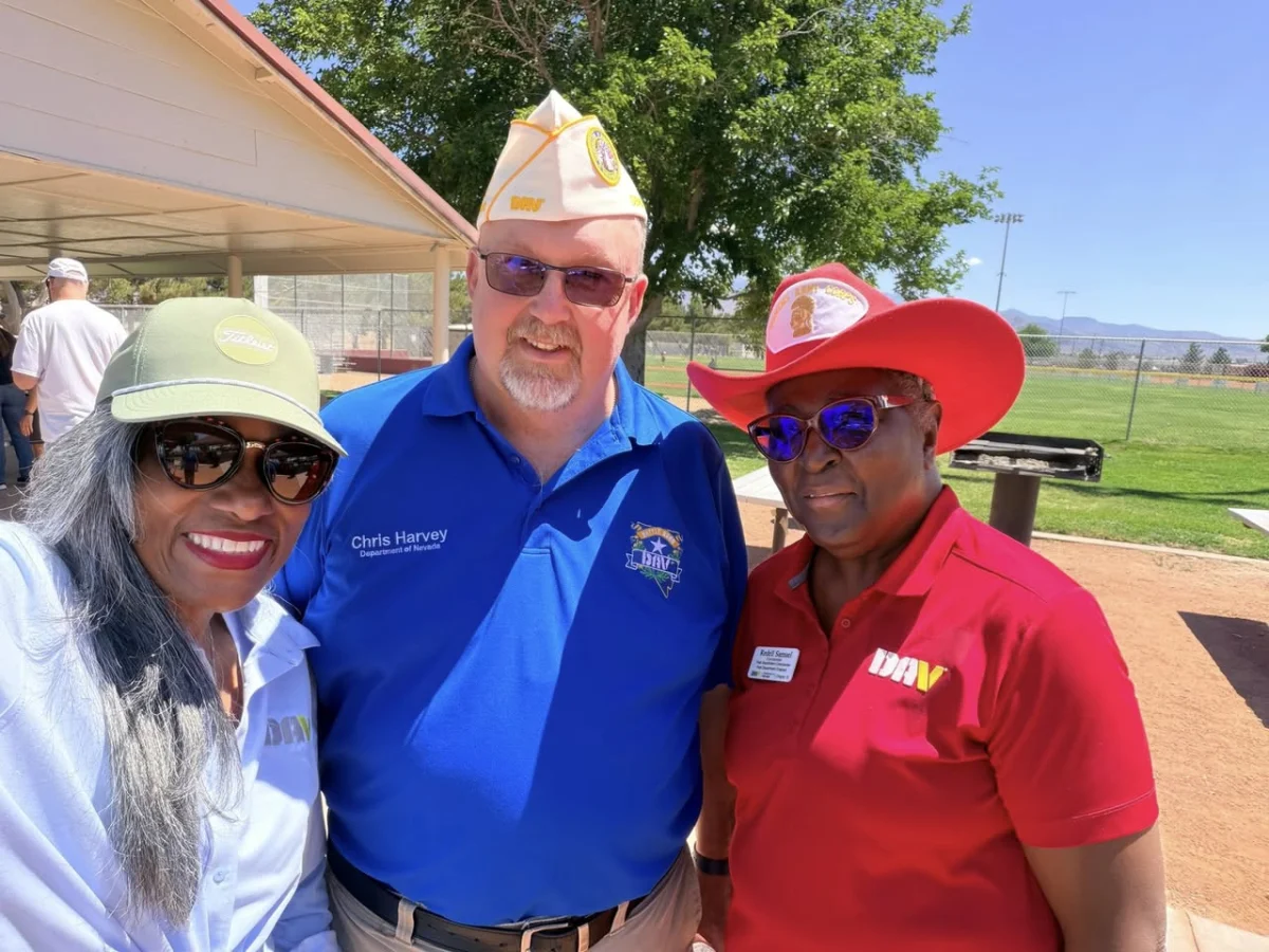 DAV Chapter 12 members and Nevada DAV leadership at an outdoor Veterans event in the Las Vegas valley, wearing DAV polo shirts and apparel.