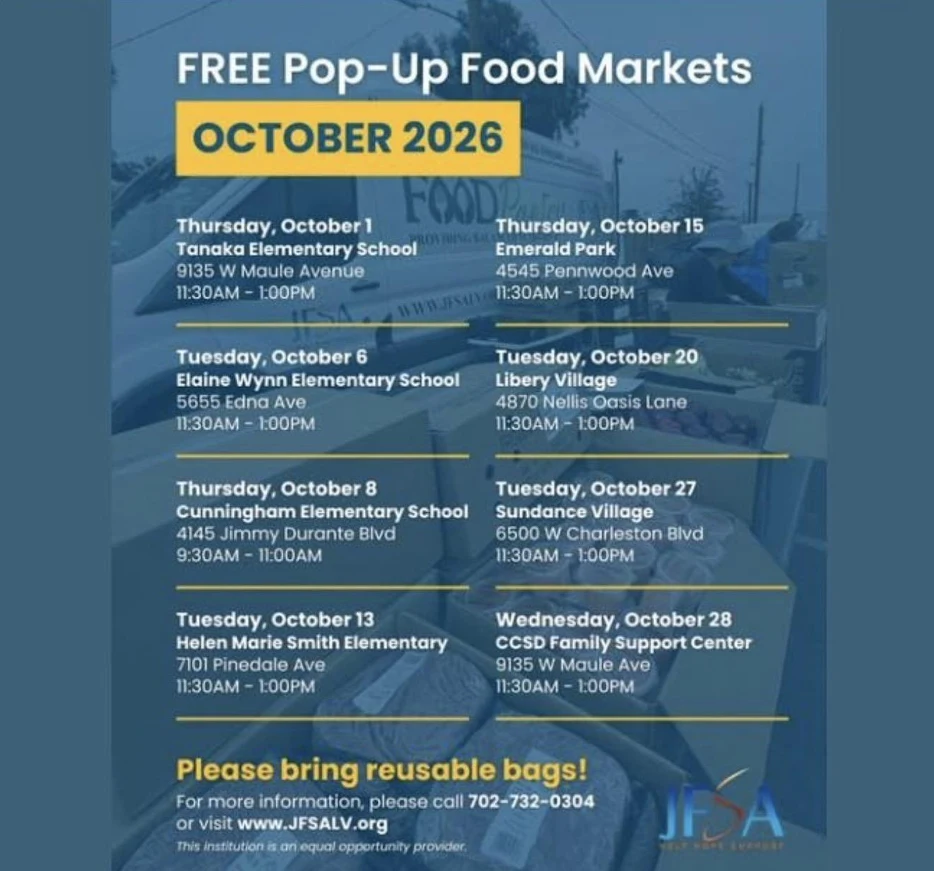 JFSA flyer for free Pop-Up Food Markets in October 2026, 11:30 AM to 1:00 PM unless noted: Thursday, October 1, Tanaka Elementary School, 9135 W Maule Avenue; Tuesday, October 6, Elaine Wynn Elementary School, 5655 Edna Ave; Thursday, October 8, Cunningham Elementary School, 4145 Jimmy Durante Blvd, 9:30 to 11:00 AM; Tuesday, October 13, Helen Marie Smith Elementary, 7101 Pinedale Ave; Thursday, October 15, Emerald Park, 4545 Pennwood Ave; Tuesday, October 20, Liberty Village, 4870 Nellis Oasis Lane; Tuesday, October 27, Sundance Village, 6500 W Charleston Blvd; Wednesday, October 28, CCSD Family Support Center, 9135 W Maule Ave. Please bring reusable bags. For more information call 702-732-0304 or visit www.JFSALV.org.