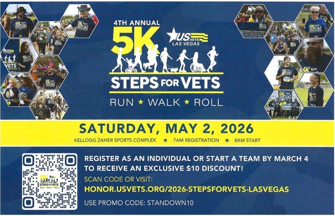 Promotional flyer for the 4th Annual 5K Steps for Vets, U.S. VETS Las Vegas, Saturday, May 2, 2026 at Kellogg Zaher Sports Complex.