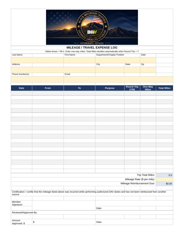 Preview of the DAV Chapter 12 Mileage / Travel Expense Log, with member details at the top, a trip table, reimbursement totals, and signature lines.