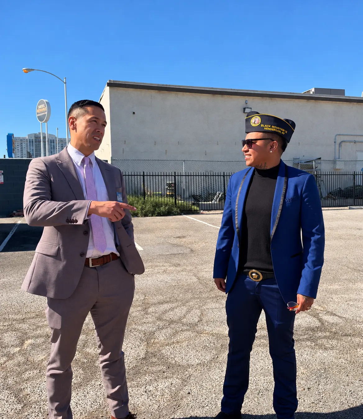 Lukas Serrano talks with Alex Quagge outside the U.S.VETS Las Vegas celebration.