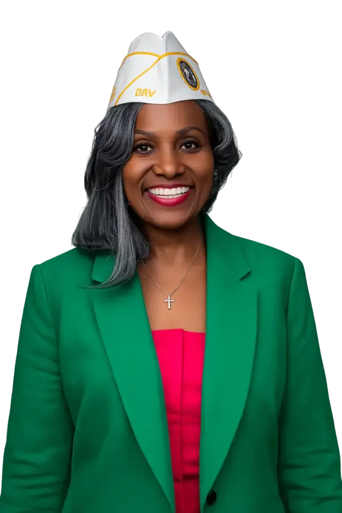 Dr. Gigi Yvette Theocharides, Commander of DAV Chapter 12 Black Mountain, in a DAV garrison cap and green blazer.